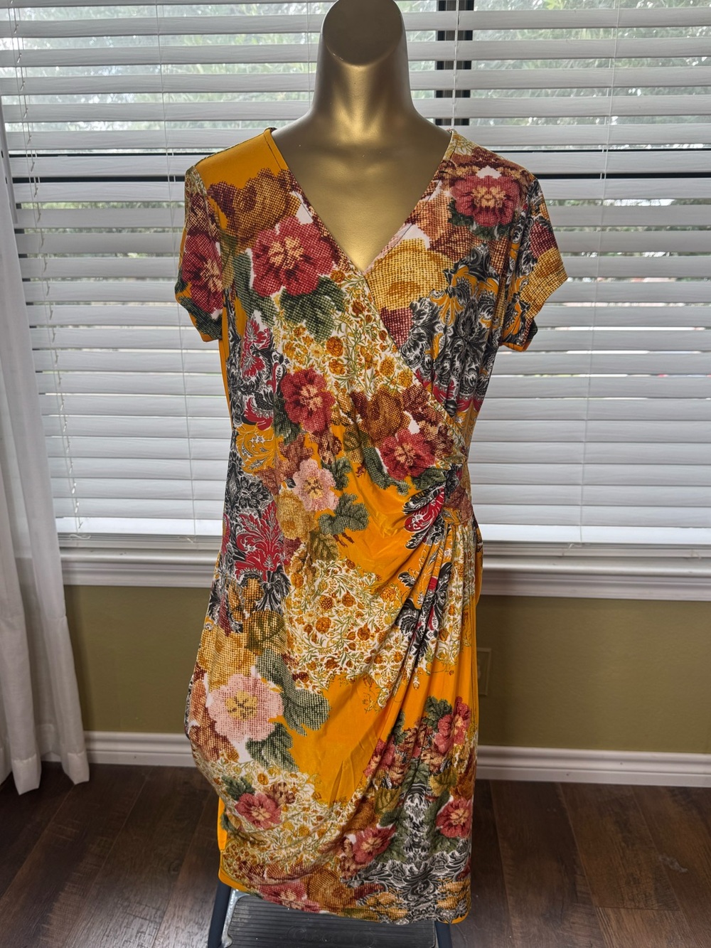Floral Wrap-Style Short Sleeve Dress in Mustard